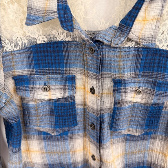 Vintage Mudd Womens Y2K Guazy Plaid Button Up With Lace Back Size Medium Blue - Picture 3 of 7